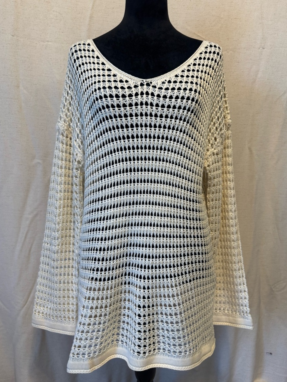 Cream Open Crochet Knit Bell Sleeve Tunic Top Boho OS